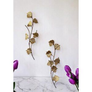 Vintage Pair Brass Gold & Copper Leaves Wall Art Decor